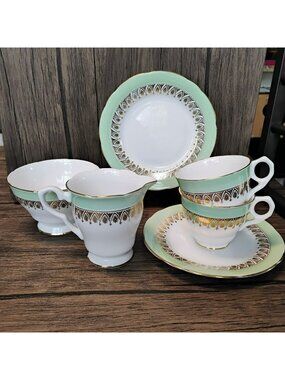 Royal Stafford Bone China England Tea Set Mint Green & Gold Trim 6-Piece Set